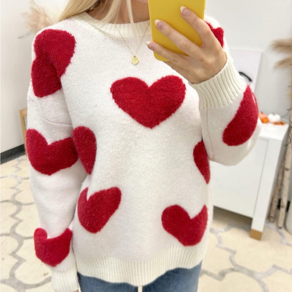 Cozy White Sweater with Red Heart Accents